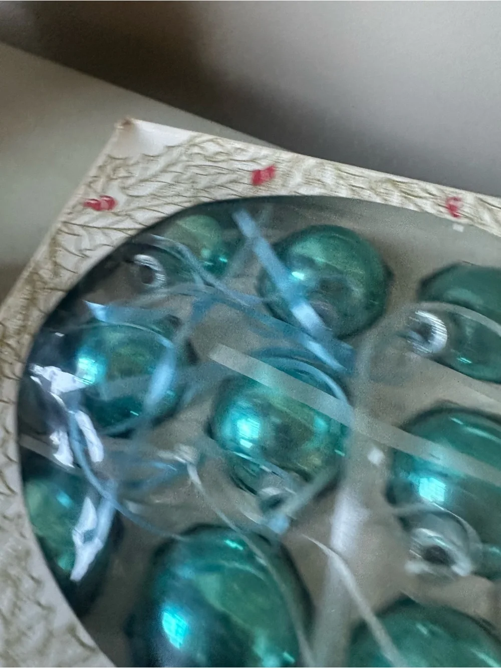 Lot Vintage shiny brite ornaments with boxes teal